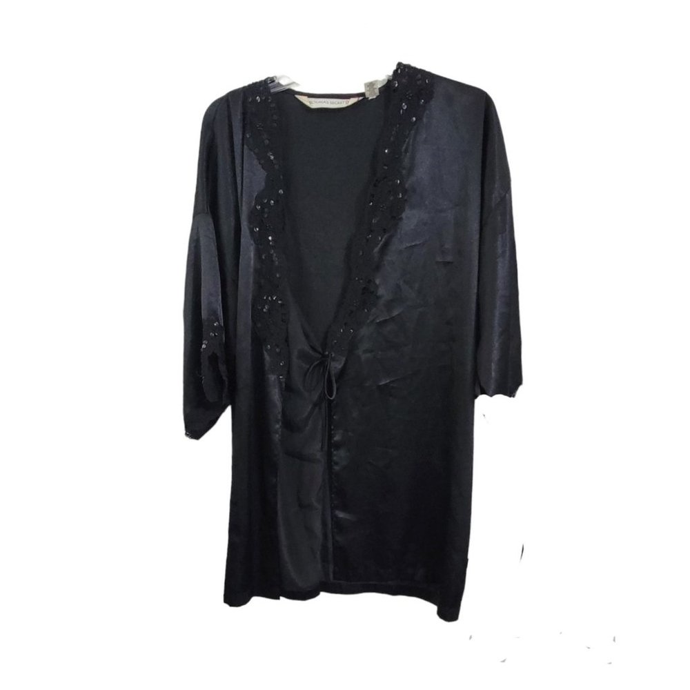 Victorias Secret Womens Black Tie Waist Wrap Robe Lace Trim Sequins One Size